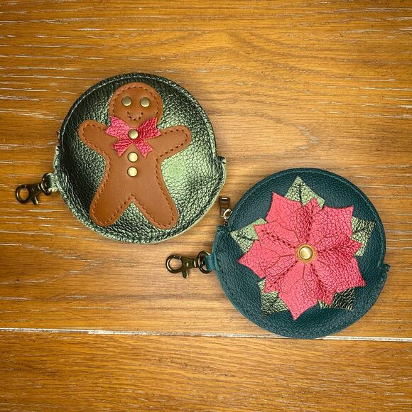 Portland Leather Holiday Pouch Set of 2 PLG Keychain Gingerbread Poinsettia - Picture 2 of 7